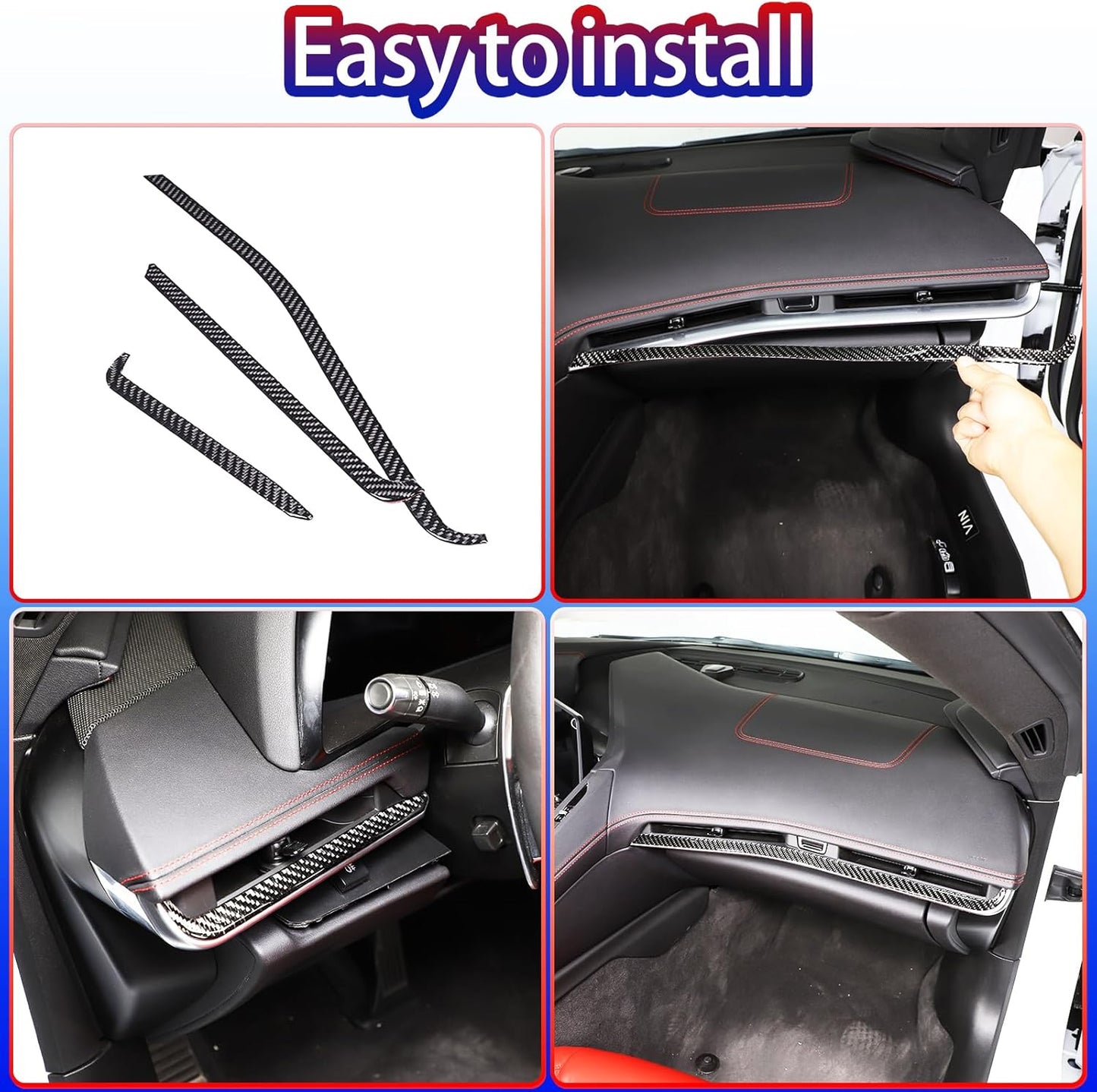 Dashboard Panel Trim Strip Soft Carbon Fiber 3PCS Compatible with Corvette C8 Stingray 2020-2023 Center Console Side Air Outlet Sticker Trim Accessories (Black Carbon)