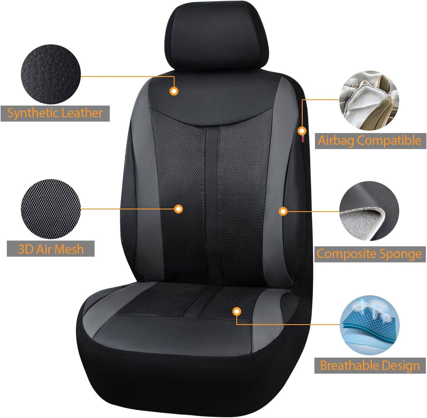 Flying Banner Classic Black PU Leather and Mesh Breathable Universal Car Seat Covers Sets with Airbag Compatible