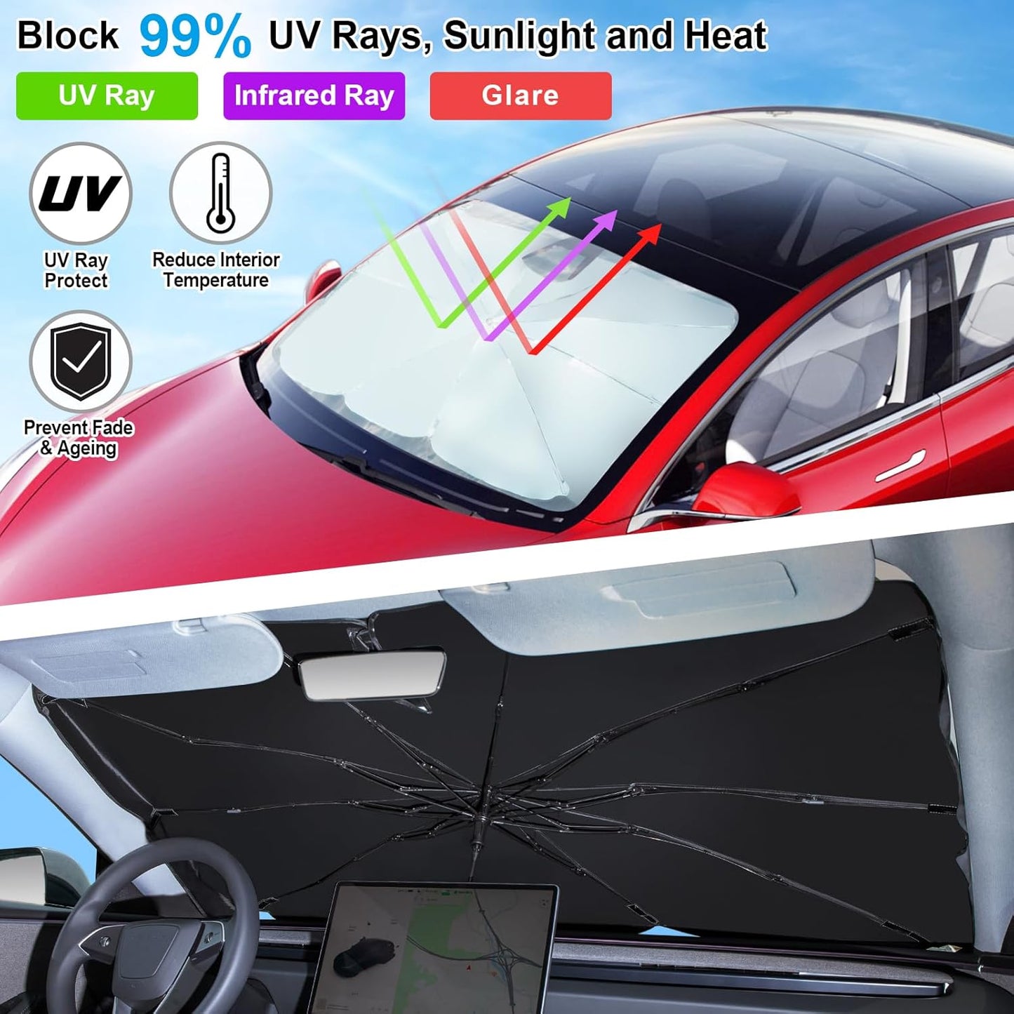 Spurtar Sunshade Umbrella Fit for Tesla Model 3 / Model Y, Rustproof Car Window Shades Upgraded Fiberglass Automotive Windshield Foldable Accessories UV Block Heat Window Insulation Protection 57"x34"