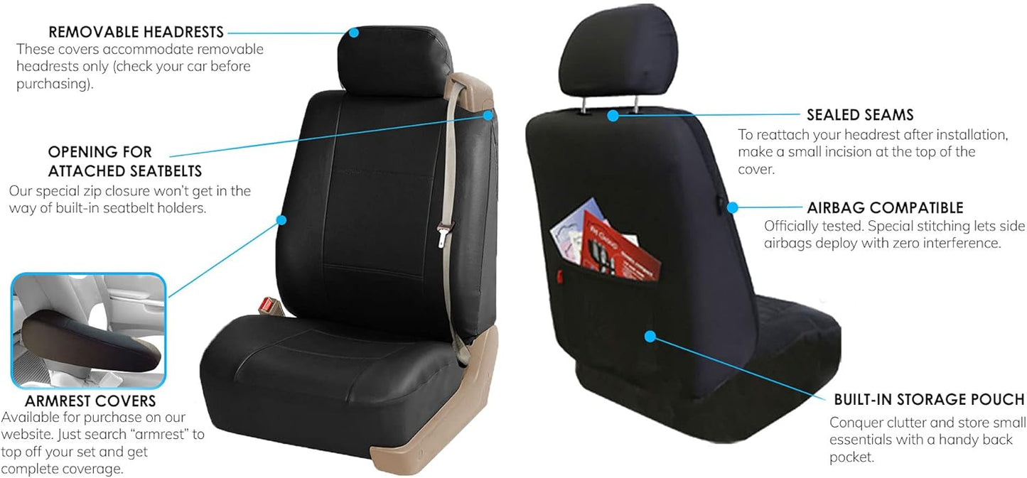 FH Group PU309BLACK102 Black Front PU Leather Seat Cover, Set of 2 (Set Built in Seat Belt Compatible Airbag Ready)