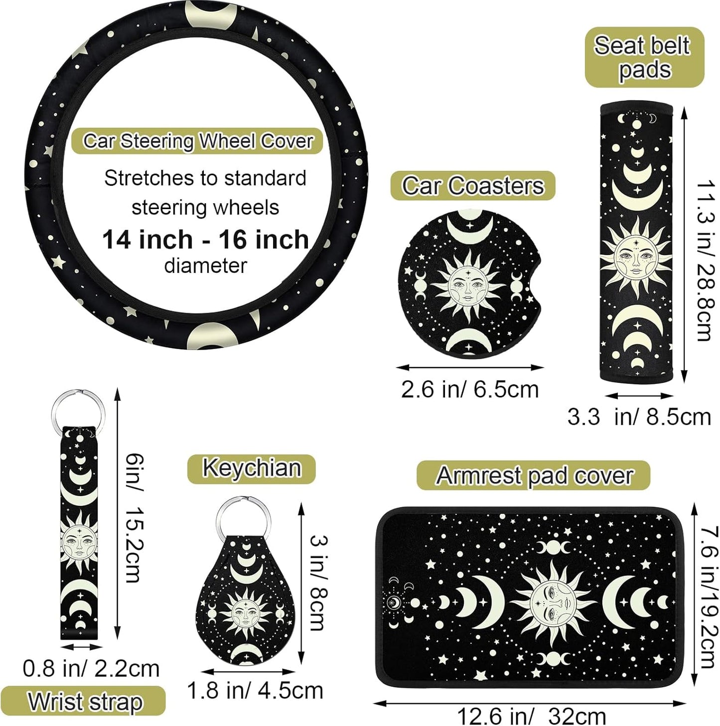 Fiada 10 Pcs Moon Star Car Seat Covers Full Set Car Accessories for Women Front Seat Cover Steering Wheel Armrest Cover Belt Cover Cup Holder for Auto SUV Interior Decoration(Witch)