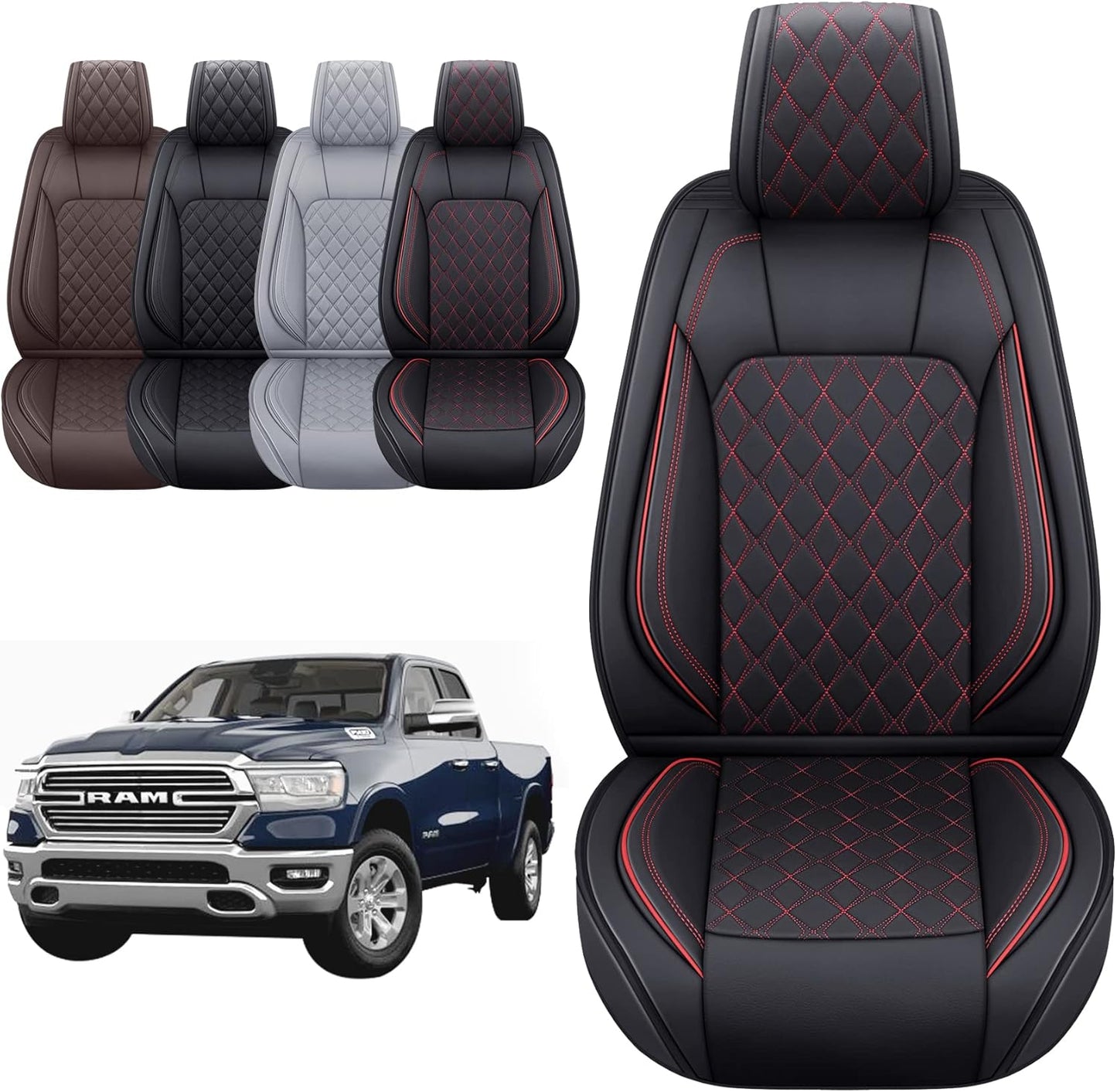 Aierxuan 2 PCS Front Seat Covers for Dodge Ram Custom Fit 2009-2025 1500/2500/3500 Pickup Truck Crew Quad Regular Cab Waterproof Leather Cushions(2 PCS Front/Black)