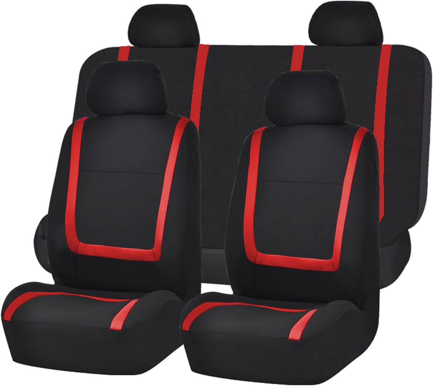 FH-FB032114 Unique Flat Cloth Seat Cover w. 4 Detachable Headrests and Solid Bench Red/Black