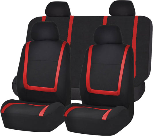 FH-FB032114 Unique Flat Cloth Seat Cover w. 4 Detachable Headrests and Solid Bench Red/Black