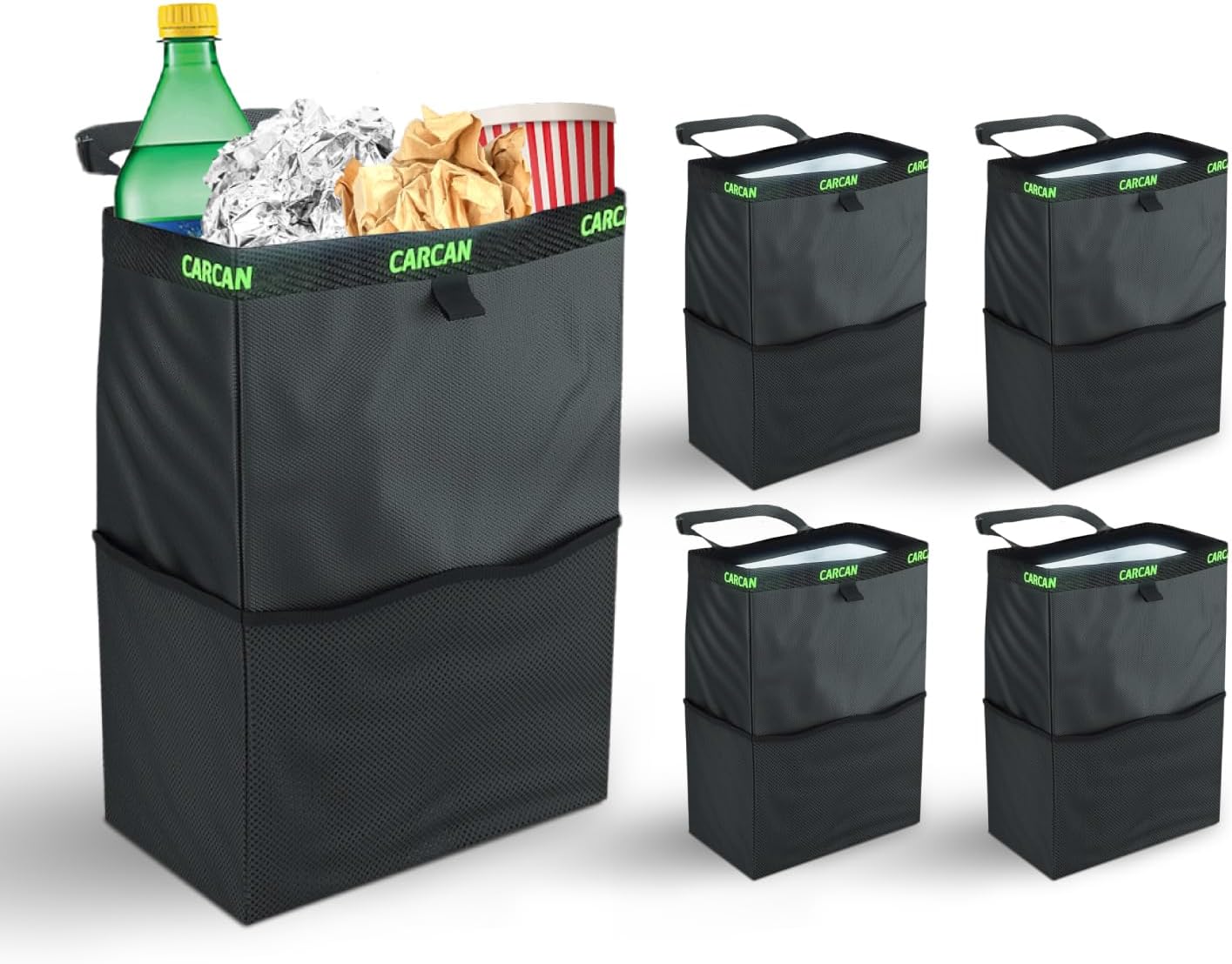 CarCan The Original 3 in 1 Hanging Car Trash Can for Back Seat, Cooler & Storage Bag – Metal Framed, Washable & Reusable Car Trash Bin with 3 Pockets (Pack of 5)