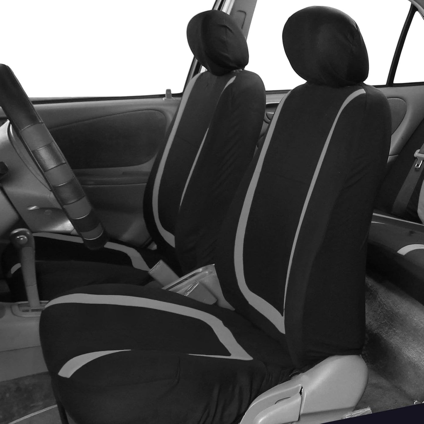 FH Group Unique Flat Cloth Full Set Car Seat Covers w. Silicone Steering Wheel Cover- Universal Fit for Most Cars, Trucks, SUVs or Vans (Pink/Black)