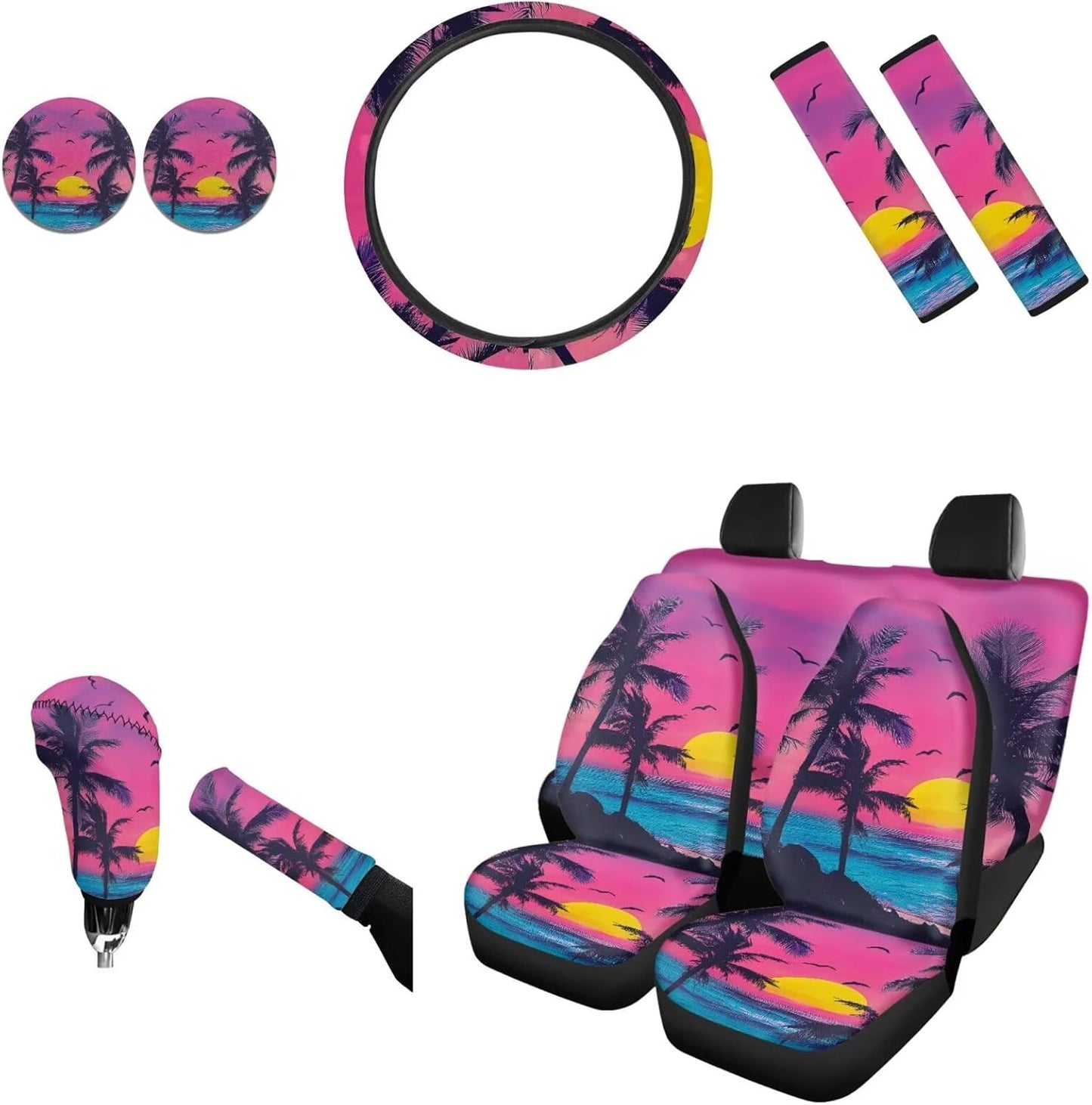 AFPANQZ Nebula Galaxy Car Seat Covers with Steering Wheel Cover, Seat Belt Shoulder Pads, Cup Holder Coasters, Gear Shift Knob and Handbrake Protector Cushion Full Set of 11 for Men Women Gift Navy