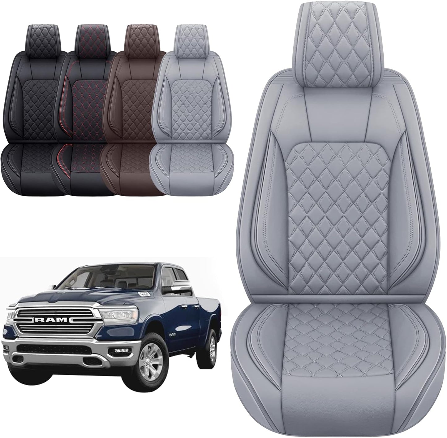 Aierxuan 2 PCS Front Seat Covers for Dodge Ram Custom Fit 2009-2025 1500/2500/3500 Pickup Truck Crew Quad Regular Cab Waterproof Leather Cushions(2 PCS Front/Black)