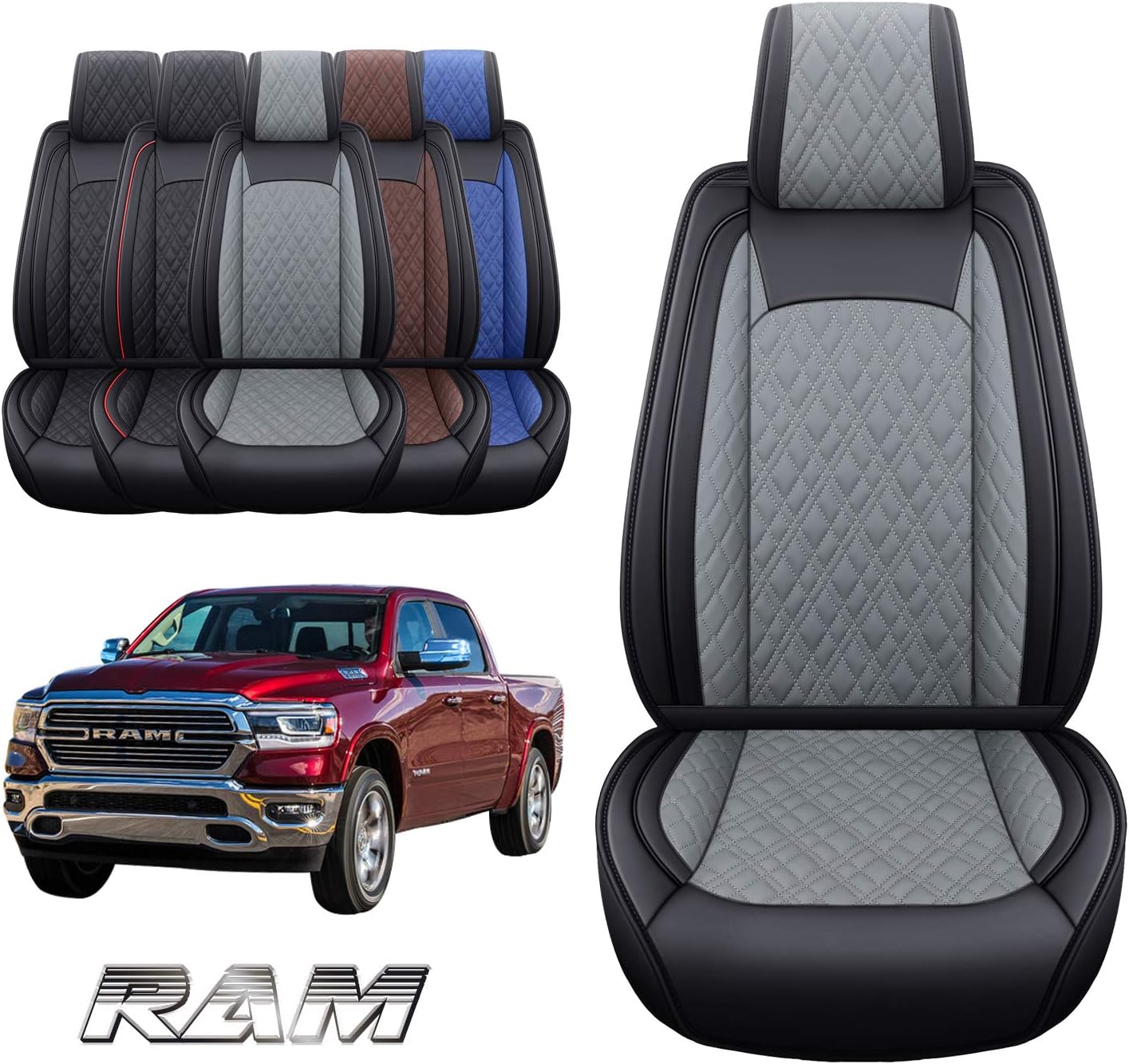 YIERTAI Car Seat Covers Compatible with Dodge Ram Custom Fit 2009-2025 1500 2500 3500 Pickup Mega Cab Limited Longhorn Laramie Bighorn Waterproof Leather Seat Protectors, 2 PCS Front Black