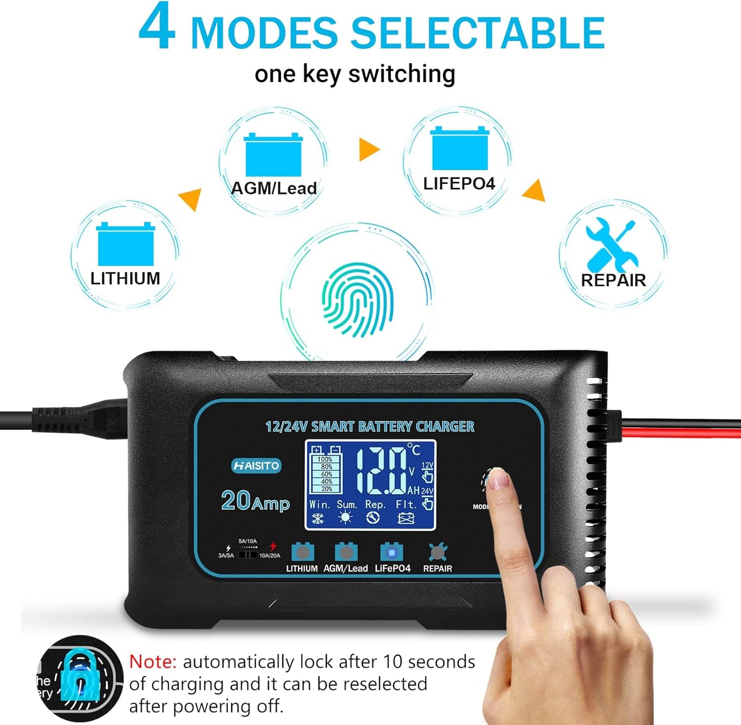 Battery Charger 0-20A 12V and 24V Lithium, LiFePO4, Lead Acid (AGM/Gel/SLA), Smart Car Battery Charger and Maintainer, Trickle Charger with Pulse Repair for Cars, Boats, Marine, Motorcycles