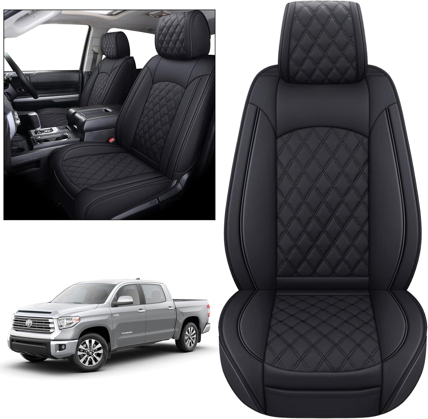 YIERTAI Seat Covers Compatible with 2008-2022 2023 2024 2025 Toyota Tundra Crewmax Double Extended Cab Regular Cab Pickup Waterproof Leather(2 PCS Front/Black-White)