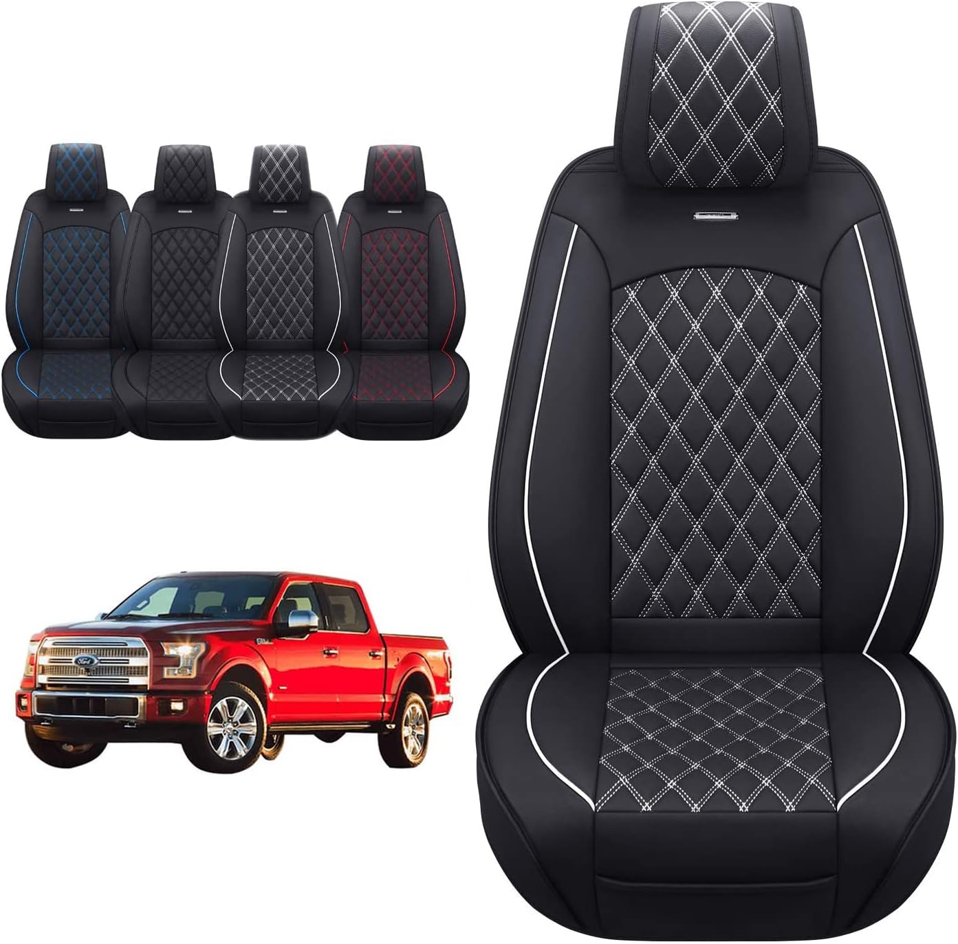 Aierxuan Front Seats Covers for Ford F150 2009-2025 Waterproof Leather Truck Pickup Custom Fit for 2017-2025 F250 F350 F450 Supercrew Regular Extended Cab(2 PCS Front, Black-White)