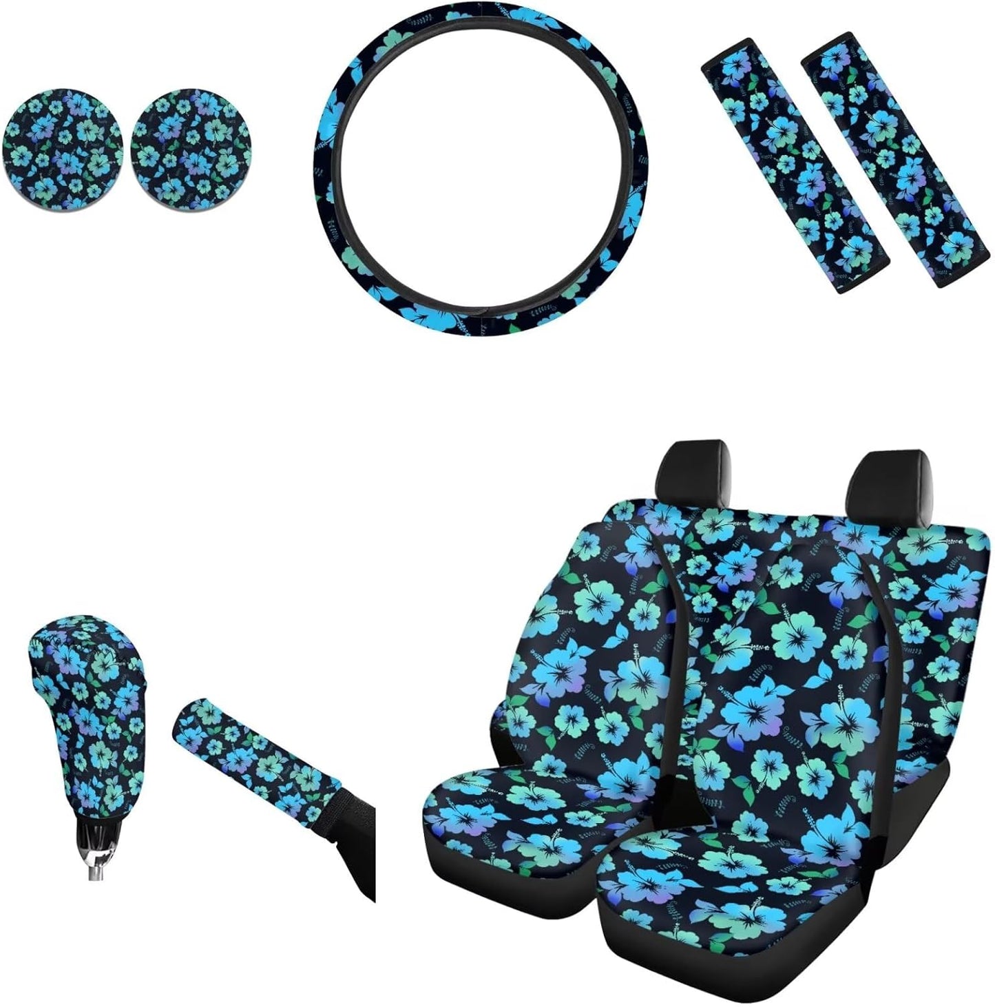AFPANQZ Nebula Galaxy Car Seat Covers with Steering Wheel Cover, Seat Belt Shoulder Pads, Cup Holder Coasters, Gear Shift Knob and Handbrake Protector Cushion Full Set of 11 for Men Women Gift Navy