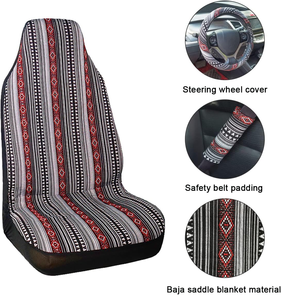 INFANZIA Full Set Seat Covers for Cars with 15'' Steering Wheel Cover & Seat Belt Pads Universal Fit Most Car, Truck, SUV, or Van - 10PCS, Black/Red