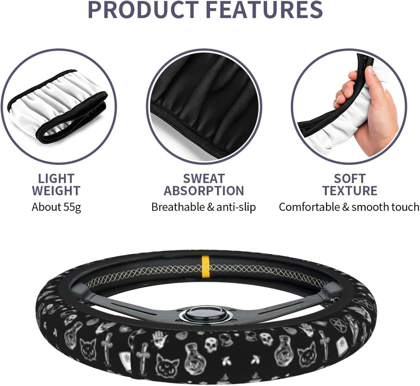8PCS Gothic Car Accessories Interior Include Universal Steering Wheel Cover Front Car Seat Cover Shoulder Pads Car Coasters Armrest Pad Car Accessories Sets for Women Men Teens