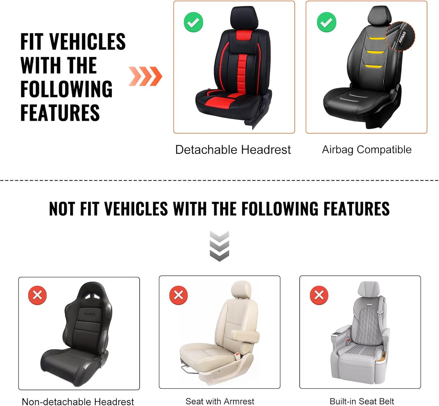 VEVOR Seat Covers, Universal Car Seat Covers Front Seats, 2pcs Faux Leather Seat Cover, Semi-Enclosed Design, Detachable Headrest and Airbag Compatible, for Most Cars SUVs and Trucks Gray