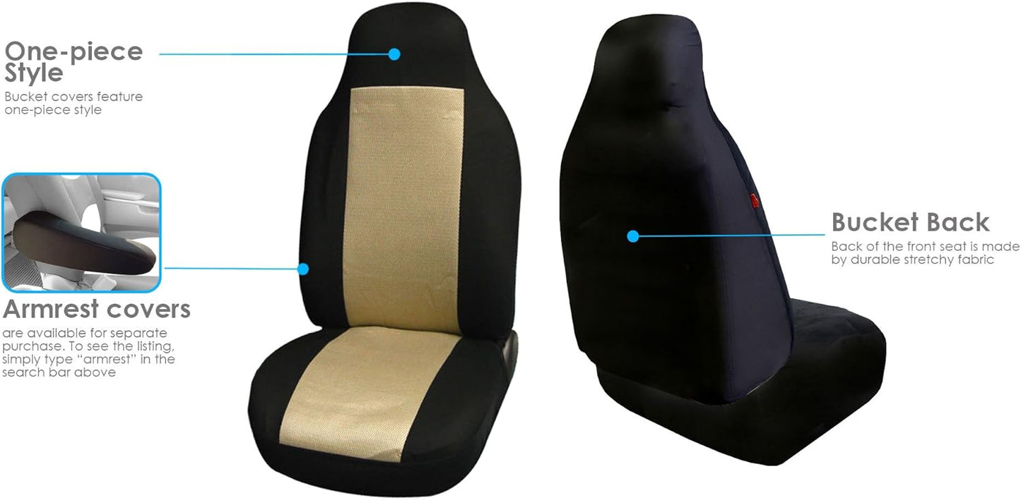FH Group Fabric Fish Net Stitching Seat Covers W. 2 Rear Headrests and Solid Bench