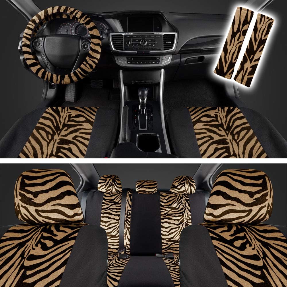 BDK carXS Zebra Print Car Seat Covers Full Set Includes Matching Seat Belt Pads and Steering Wheel Cover Two-Tone Animal Print Beige Seat Covers for Cars for Women, Car Seat Protector Interior Covers