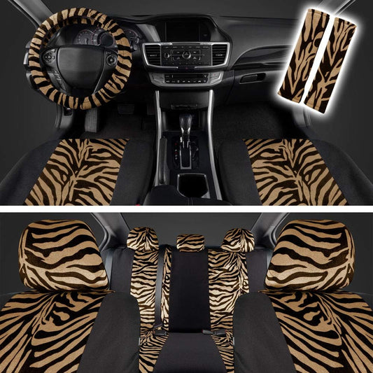 BDK carXS Zebra Print Car Seat Covers Full Set Includes Matching Seat Belt Pads and Steering Wheel Cover Two-Tone Animal Print Beige Seat Covers for Cars for Women, Car Seat Protector Interior Covers
