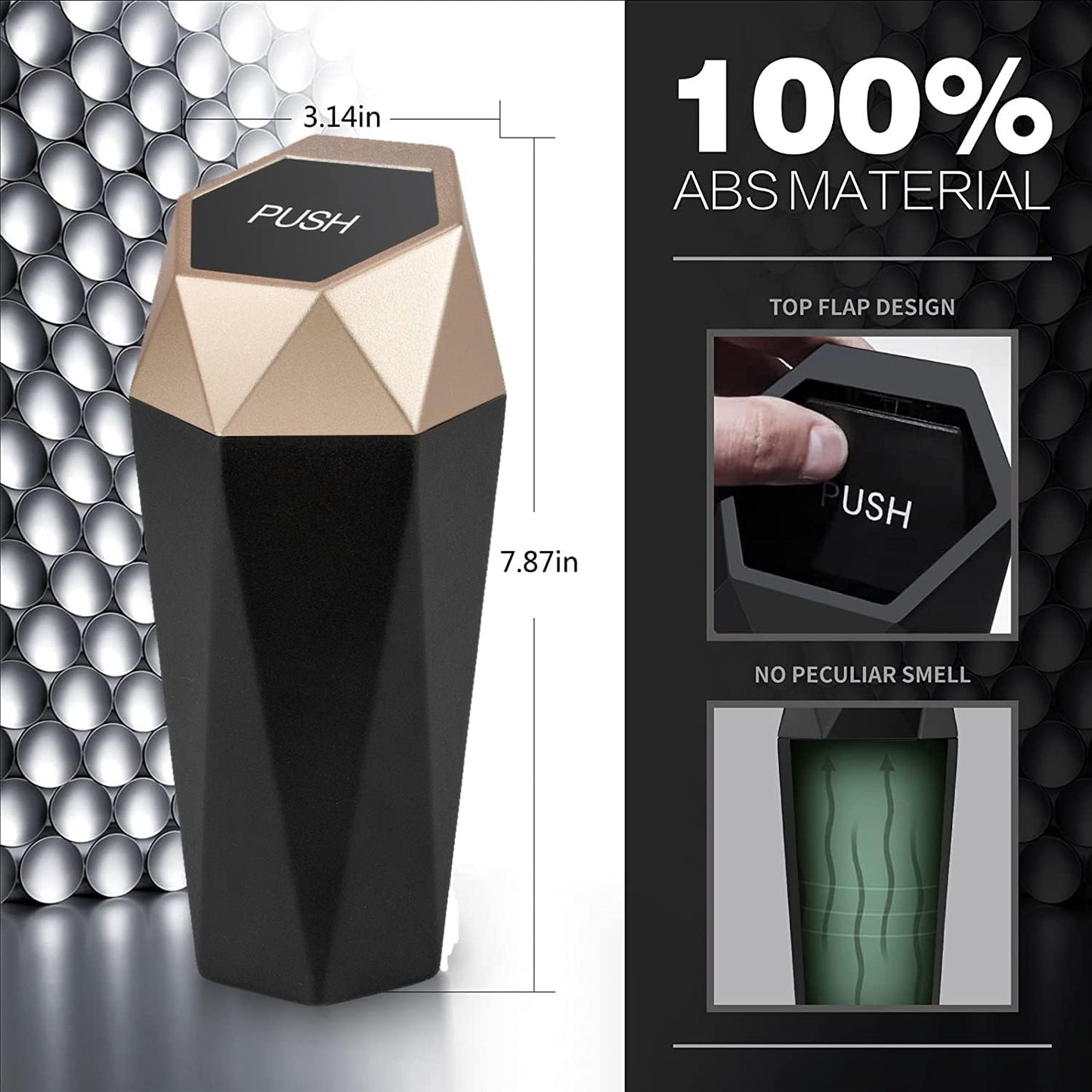 Xapwell Car Trash Can 1 Packs Mini Car Garbage Can with lid Press to Open,Diamond Design Aesthetic Leak-Proof Portable Car Accessories Cup Holder Trash Bin for Auto,Home,Office, Desktop(Gold)
