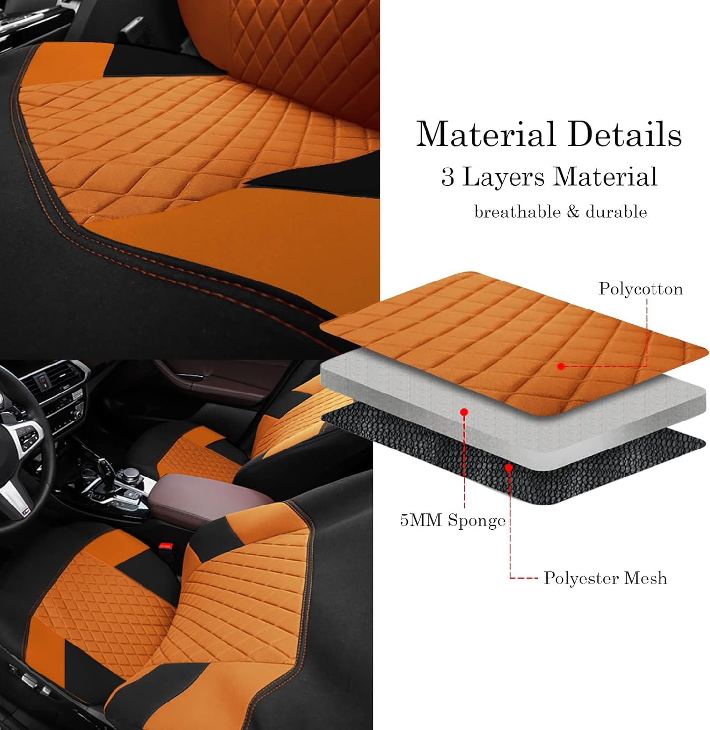 TOYOUN Car Seat Covers Full Set Universal Seat Covers for 5 Car Seater Front Bucket Seat Covers and 50-50 or 60-40 Rear Split Bench Back Seat Covers Fit Most Cars SUVs Trucks Orange