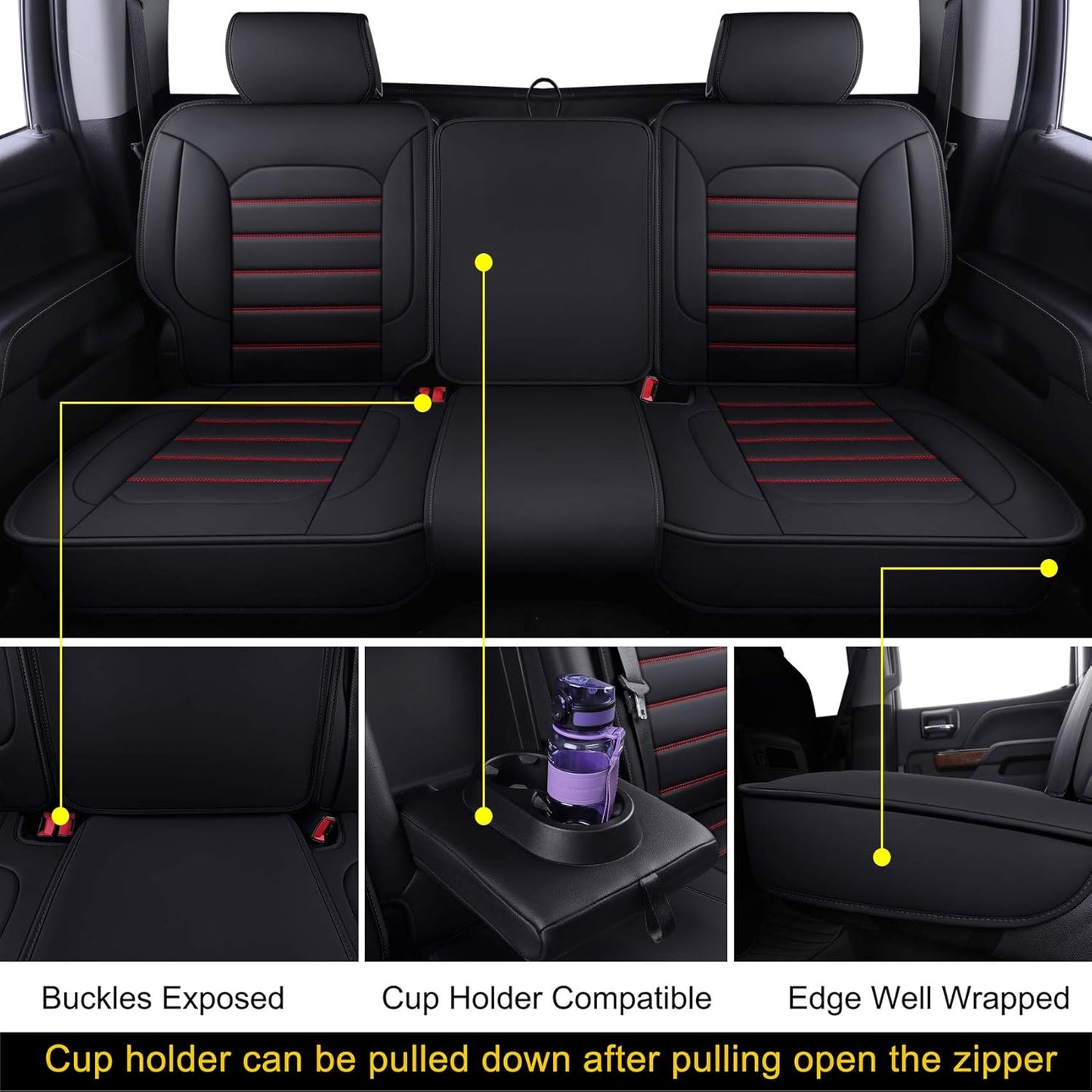 LUCKYMAN CLUB Bench Silverado Seat Covers Fit for 2007-2025Sierra Chevy Silverado 1500 2500 3500 Crew,Double,Extended Cab with Water Proof Faux Leather (Black & Red Rear Covers)