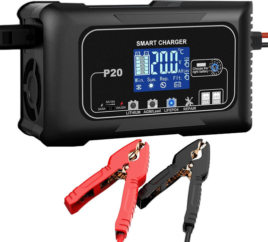 20-Amp Smart Battery Charger,12V/20A and 24V/10A.Lithium,Lifepo4,Lead-Acid(AGM/Gel/SLA..) Car Battery Charger,Trickle Charger, Maintainer/Pulse Repair Charger,for Car,Boat,Motorcycle, Lawn Mower