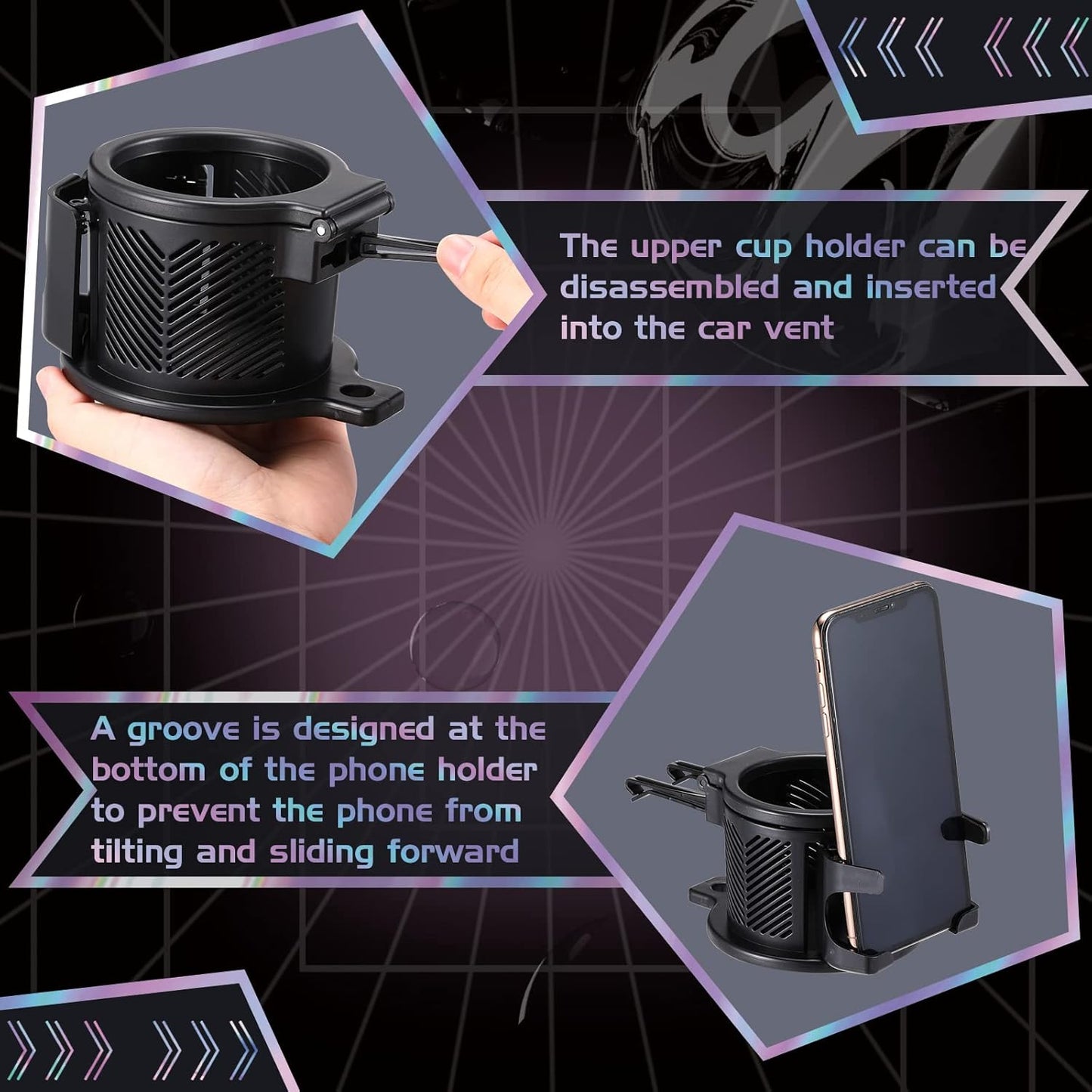 Frienda Car Cup Holder Expander for Car with Cell Phone Stand, Multifunctional Car Cup Holder Adapter for Multiple Cups and Bottles Trash Can Portable Garbage Bin Collapsible, Black