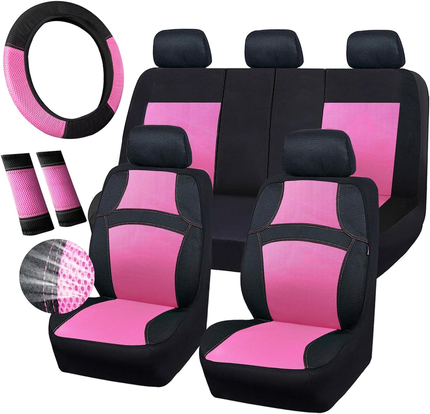 CAR PASS Universal 13PCS 3D Air Mesh-100% Breathable Seat Covers Full Sets#Steering Wheel&Belt Cover #Airbag and Rear Split Bench Compatible#for 90% Automotive SUV Truck Cute Women Black Mint
