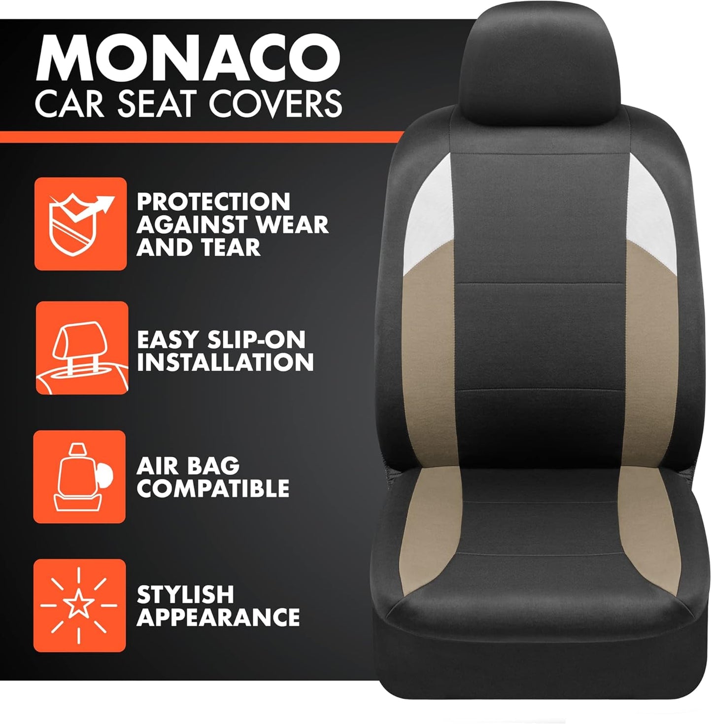 BDK carXS Monaco Seat Covers for Cars Full Set, Beige Tri-Tone Front Car Seat Covers with Split Rear Bench Back Seat Cover, Automotive Seat Covers for Trucks SUV Van Auto