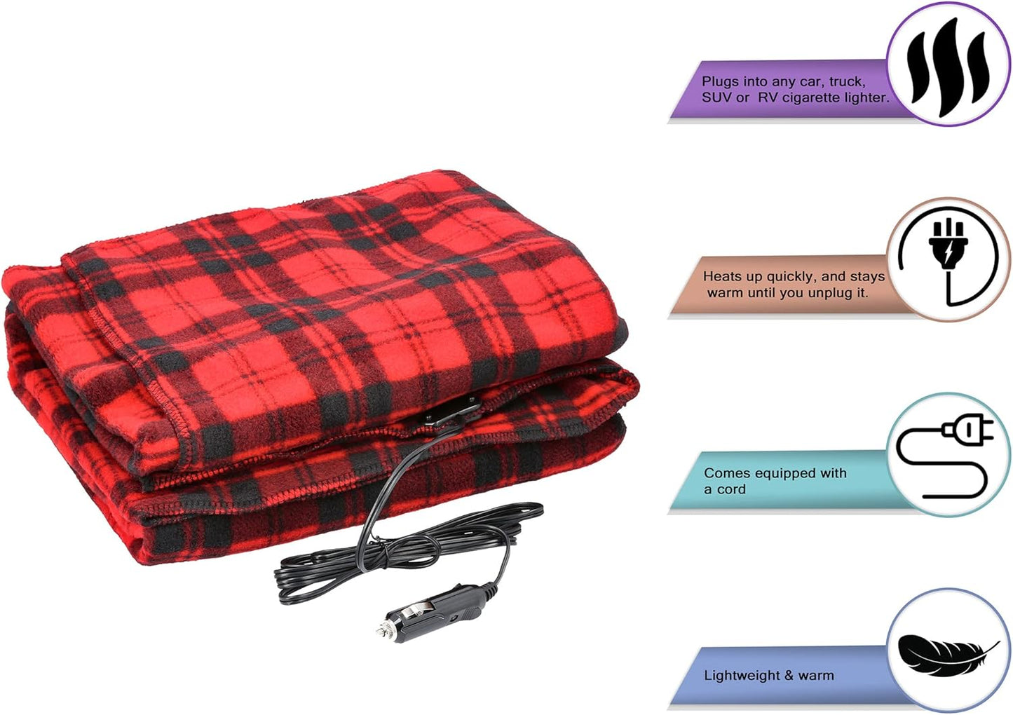 Electric Heater Car Blanket- Heated Travel Throw Electric Blanket for Car and RV, 12 volt by Stalwart- Red and Black