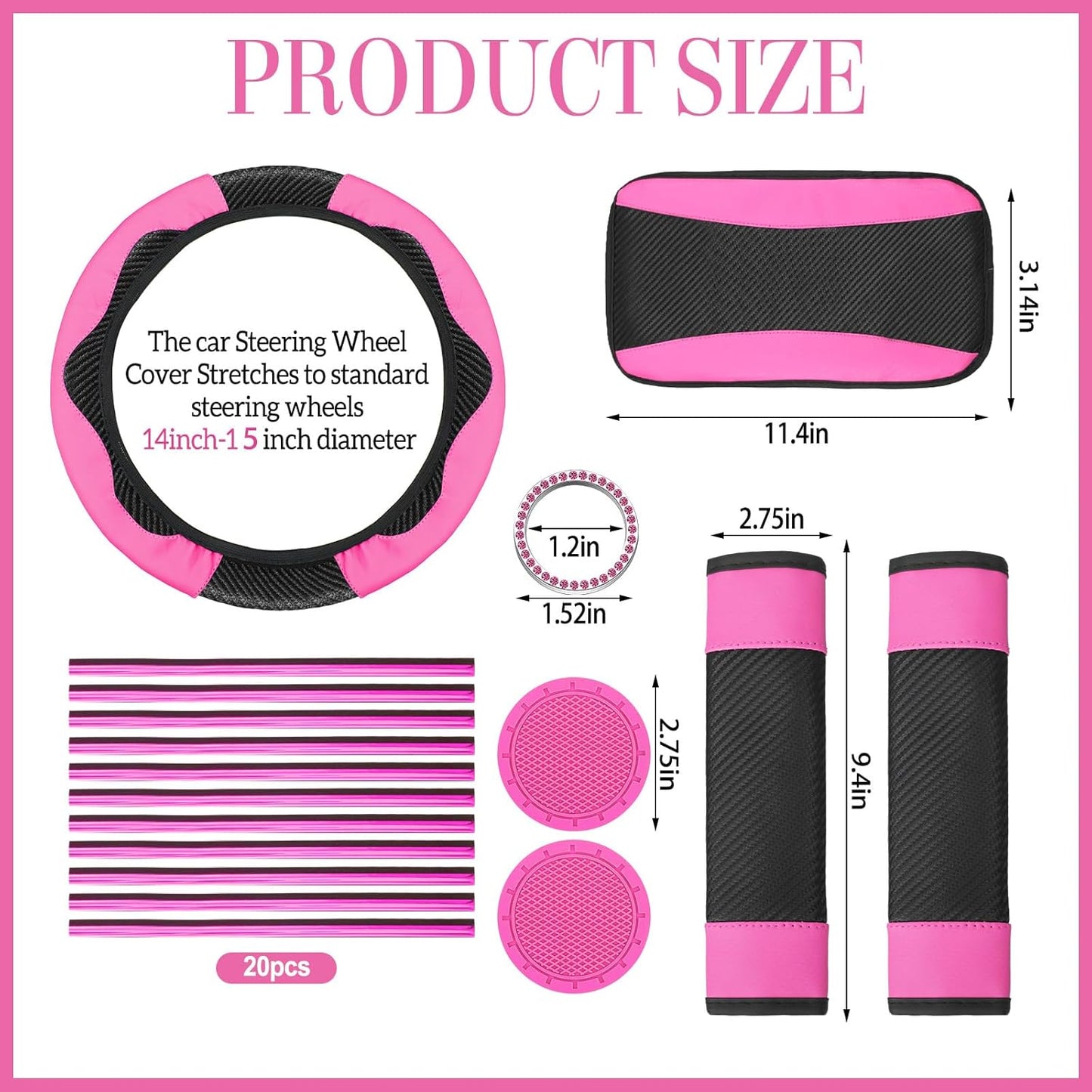 29 Pcs Car Seat Covers Full Set Include Car Seat Protectors, 2 Cup Mat, Steering Wheel Cover, 2 Shoulder Pads, Armrest Pad, 2 Stickers, 20 Air Conditioner Decoration Strip for Women Men (Pink)