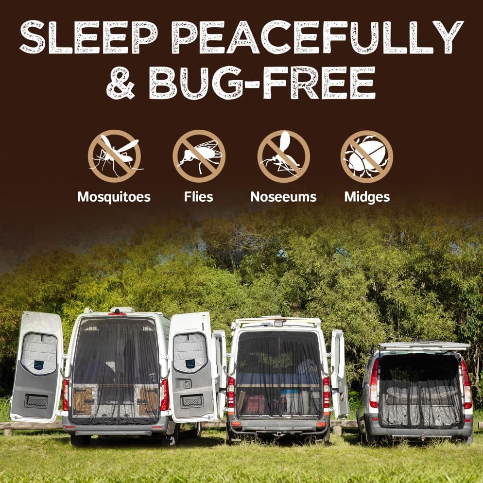 Living in a Bubble Van Bug Screen for Standard Roof Mercedes Benz Sprinter and Ford Transit, Universal Size Rear Door Flyscreen Mosquito Net, Center Zipper Closure