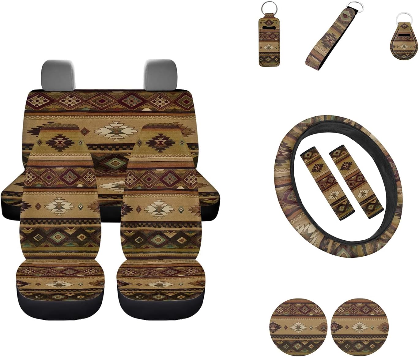 Wideasale Blue Camo Oak Hunting 12Pc Car Seat Covers Full Set/Steering Wheel Covers/Seat Belt Pads/Key Chain/Coaster/Lipstick Holder Universal Auto Accessories Interior Protector Universal Fit
