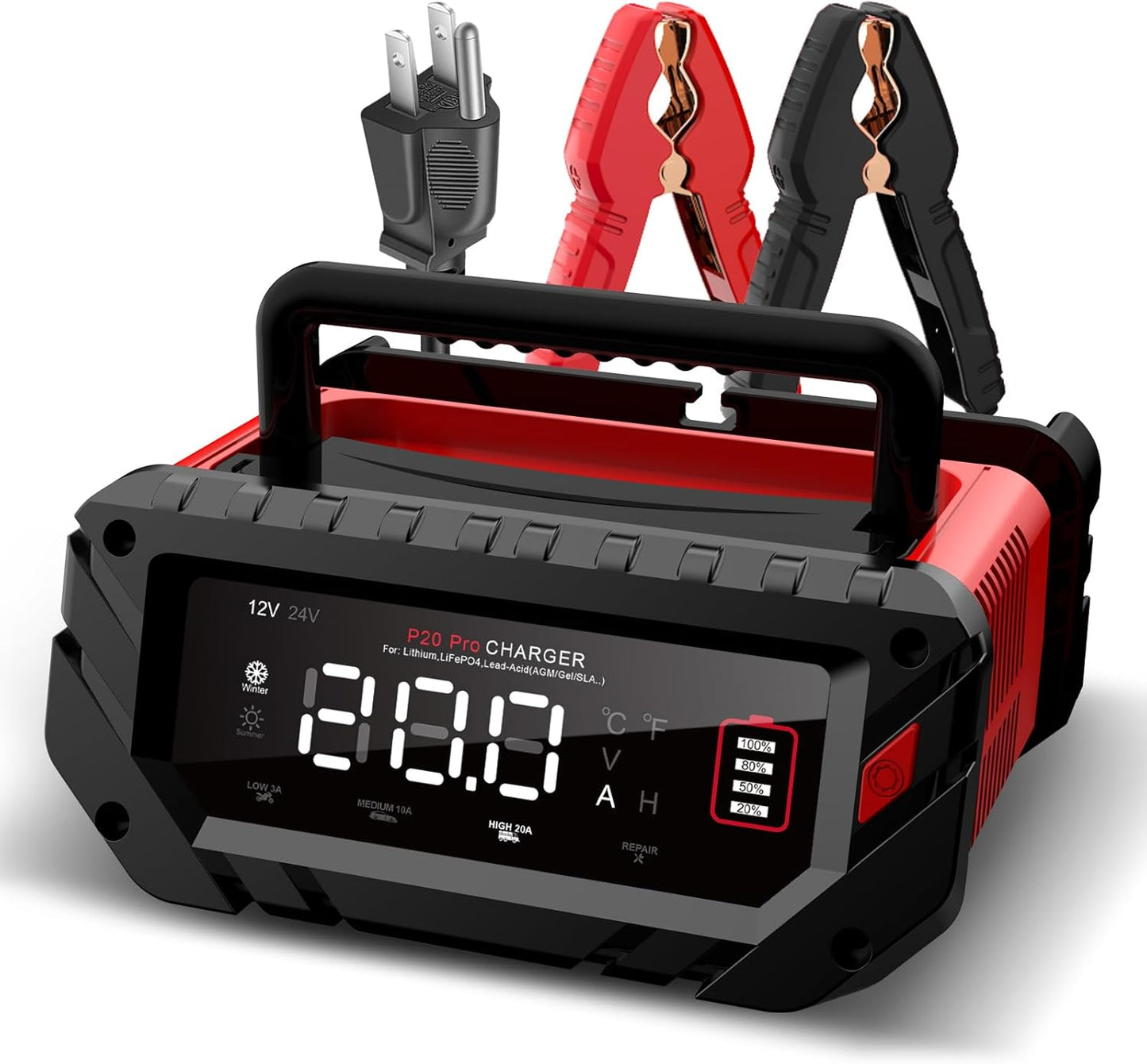 30-Amp Car Battery Charger, 6V/12V/24V Smart Automatic Automotive Battery Maintainer, Trickle Charger for Car, Motorcycle, Boat, Lead-Acid, Lithium, LiFePo4 Batteries
