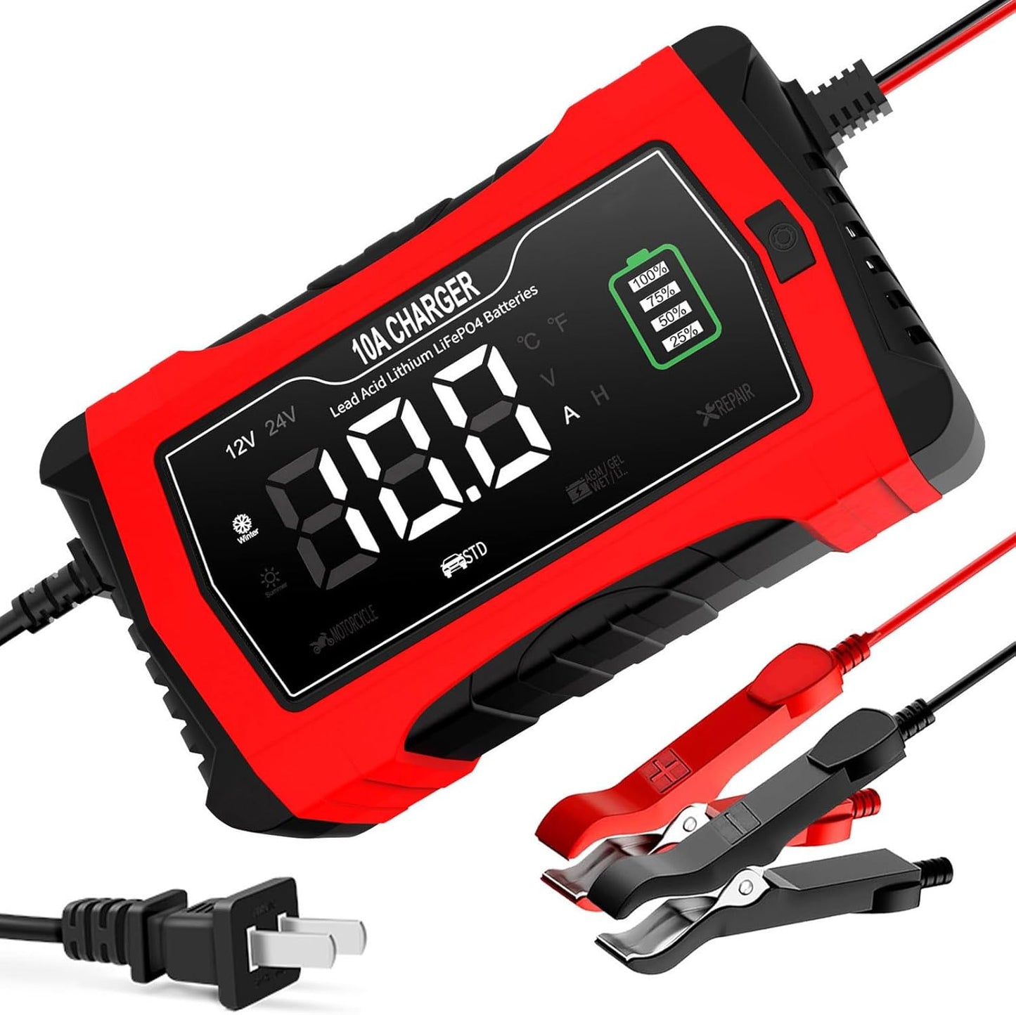 30-Amp Car Battery Charger, 6V/12V/24V Smart Automatic Automotive Battery Maintainer, Trickle Charger for Car, Motorcycle, Boat, Lead-Acid, Lithium, LiFePo4 Batteries