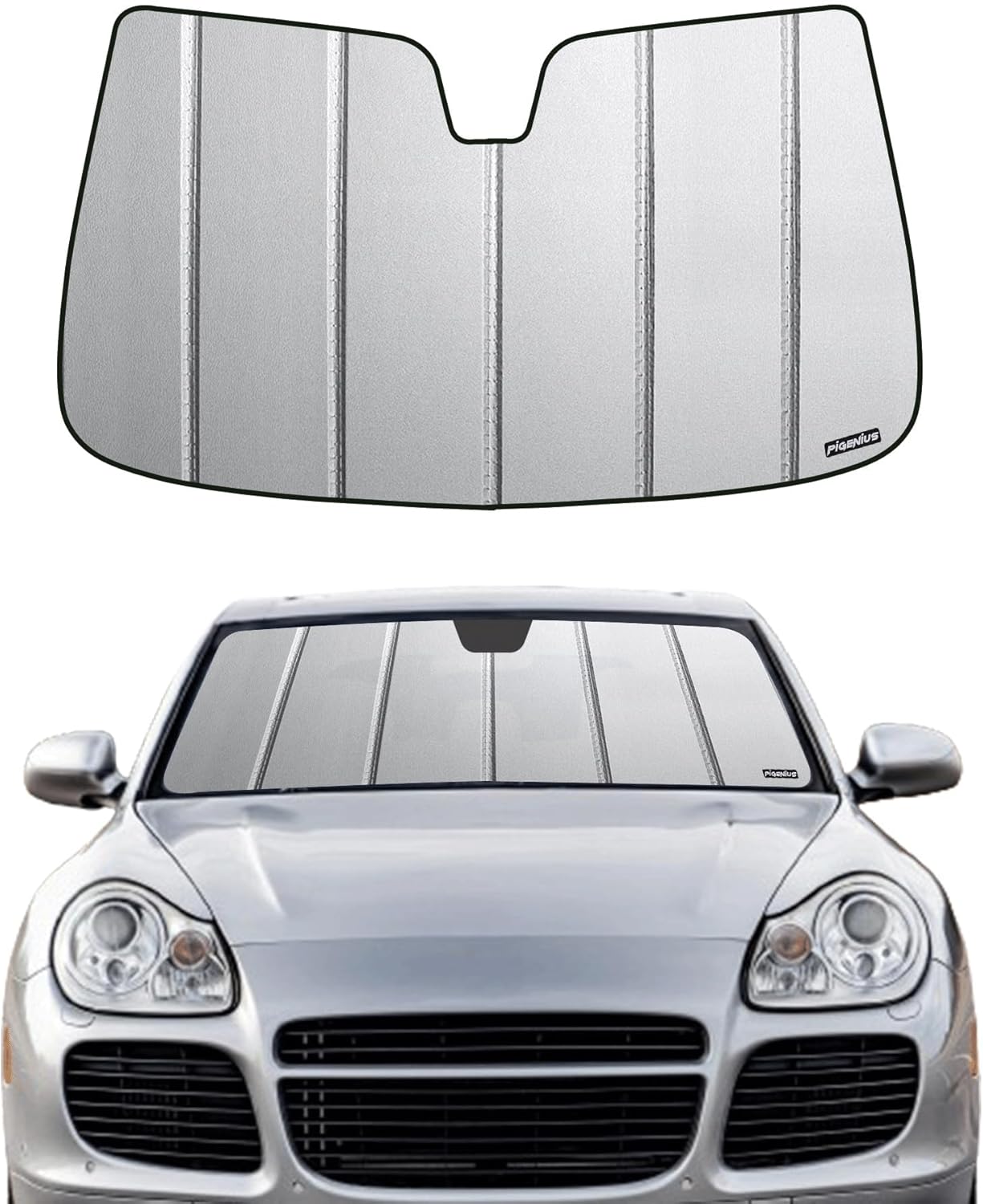 Pigenius Windshield Sun Shade for Porsche Caye-nne 2019-2025,Front Window Sunshade Shield,2-in-1 Reflective Sun Shade,Silver for Summer, Black for Winter