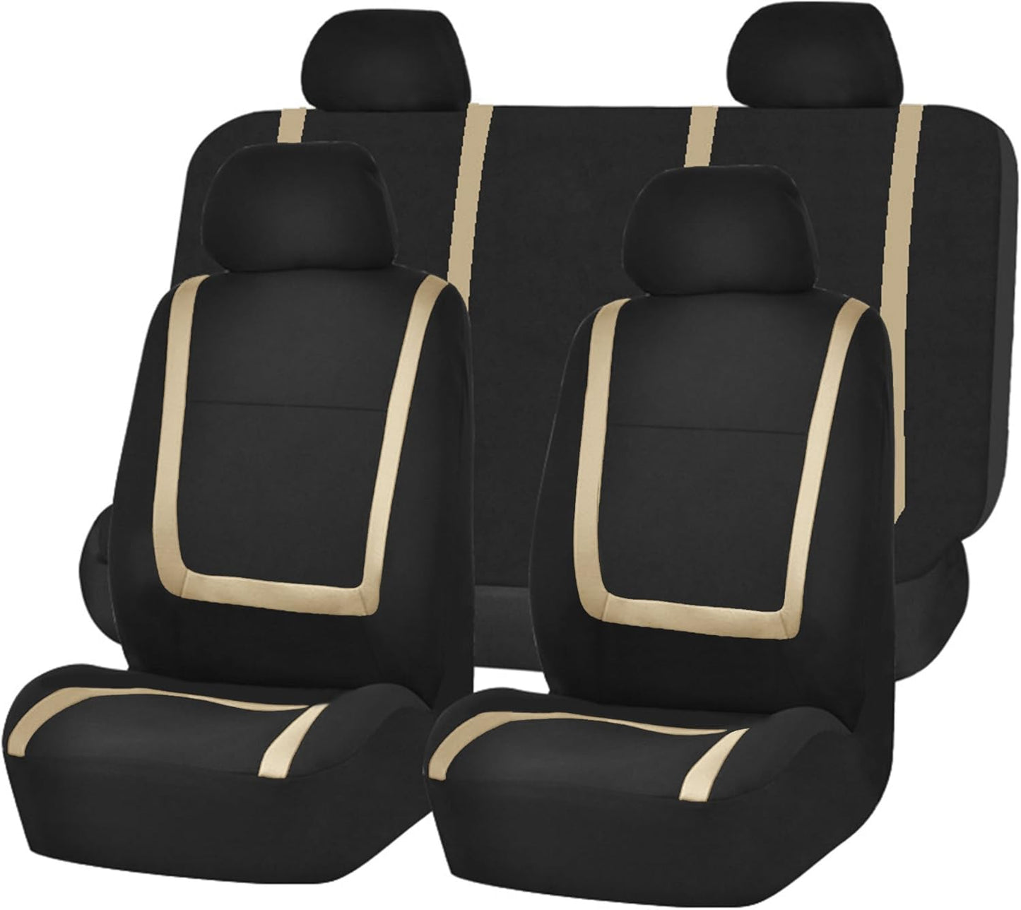 FH-FB032114 Unique Flat Cloth Seat Cover w. 4 Detachable Headrests and Solid Bench Beige/Black