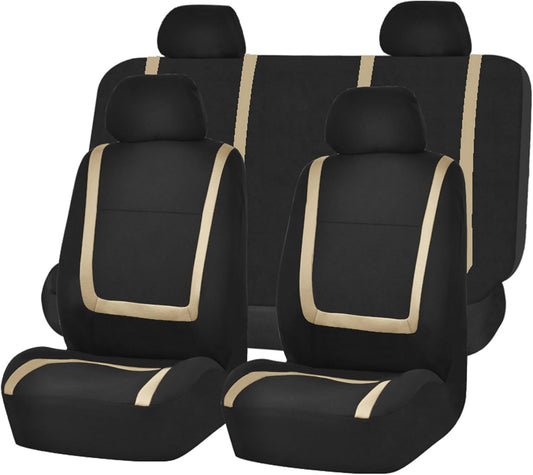 FH-FB032114 Unique Flat Cloth Seat Cover w. 4 Detachable Headrests and Solid Bench Beige/Black