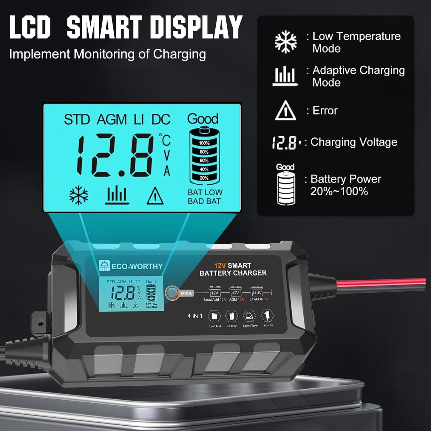 ECO-WORTHY 10Amp 12V Automatic Smart Battery Charger and Maintainer with LCD Display for Lead Acid and Lithium (LiFePO4) Battery