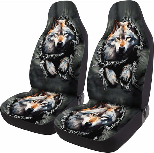 GENANY Cool Gray Wolf Howling Pattern 2 Front Car Seat Covers for Car Truck Sedan SUV, Durable Automotive Seat Covers, Breathable Bucket Seat Covers, Protective Interior Accessory