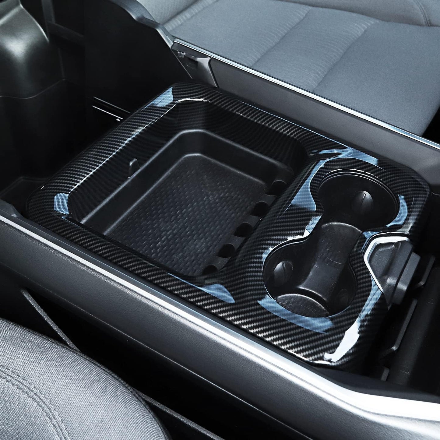 SQQP Carbon Fiber Center Console Dashboard Front Armrest Cup Holder Panel Cover Fit for 2019-2024 Dodge RAM 1500 2500 3500