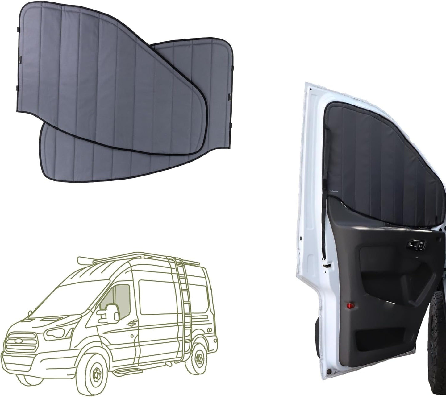 VanEssential Insulated Blackout Crew Window Cover Designed for Ford Transit Van Year 2015 to Current with NO Plastic Trim - Cool Gray