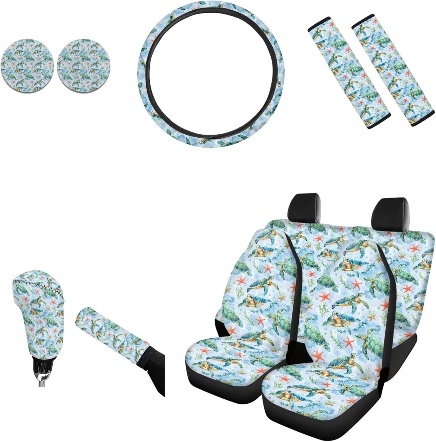 AFPANQZ Nebula Galaxy Car Seat Covers with Steering Wheel Cover, Seat Belt Shoulder Pads, Cup Holder Coasters, Gear Shift Knob and Handbrake Protector Cushion Full Set of 11 for Men Women Gift Navy