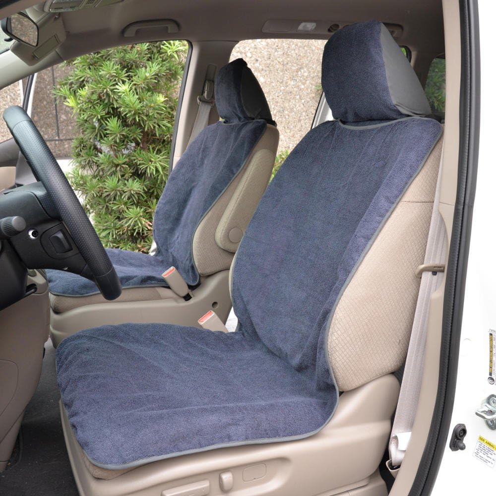 BDK UltraFit Waterpoof Car Seat Towel Cover, 2 Pack with Gray Trim – Washable Sweat Seat Protector, Ideal for Gym Swimming Surfing Running Crossfit, Fits Most Auto Truck Van SUV