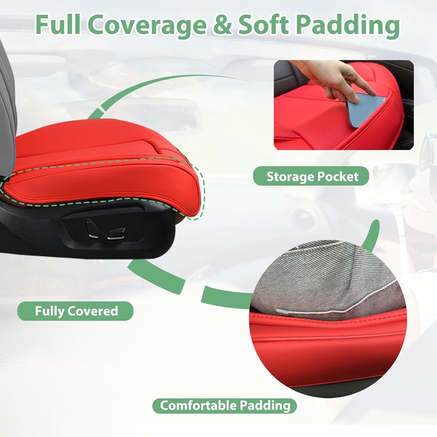 HOMOSTARRY 2 Pack Leather Front Car Seat Cover Bottom Only, Anti-Slip Padded Seat Cushion, Full Wrap Seat Protector with Storage Function Universal Fit for Most Cars, SUV, Pick-up Trucks (Red)