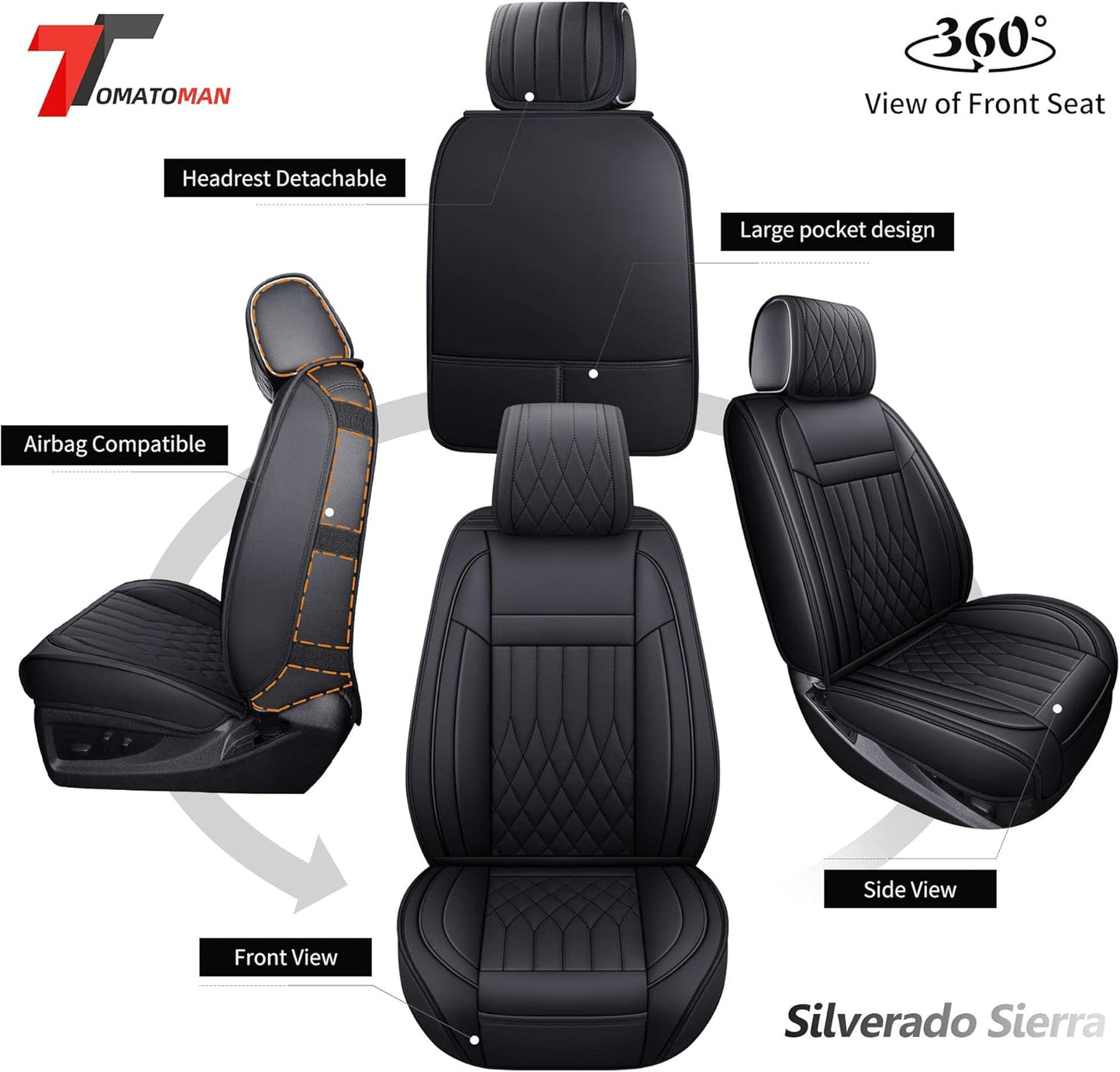 Tomatoman Seat Covers Compatible with Silverado Sierra 2007-2023 2024 2025 1500 2500 3500 HD Truck Trail Boss Z71 Crew Double Cab Front Car Cushions(2 PCS Front/Black)