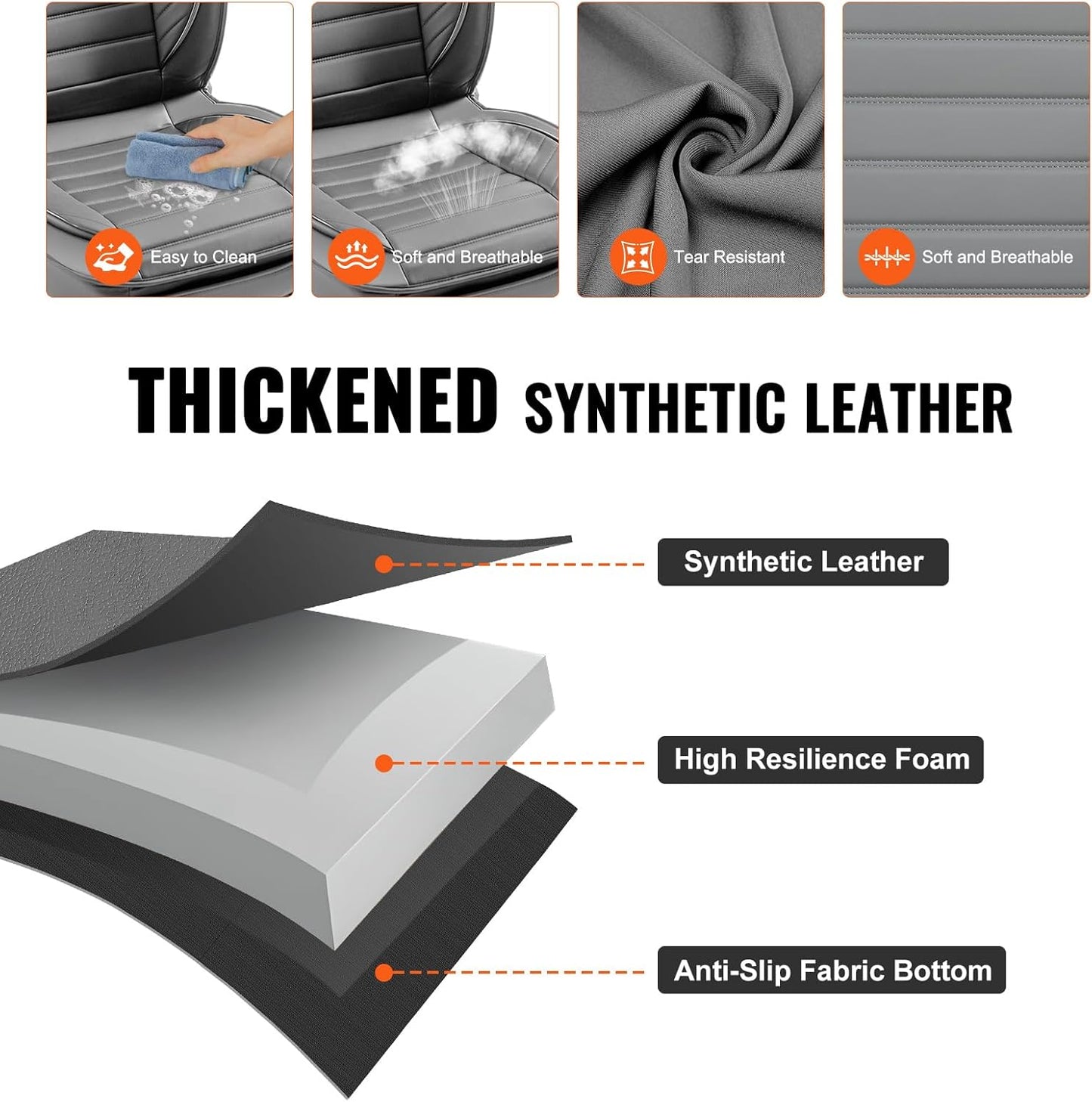 VEVOR Seat Covers, Universal Car Seat Covers Front Seats, 2pcs Faux Leather Seat Cover, Semi-Enclosed Design, Detachable Headrest and Airbag Compatible, for Most Cars SUVs and Trucks Gray