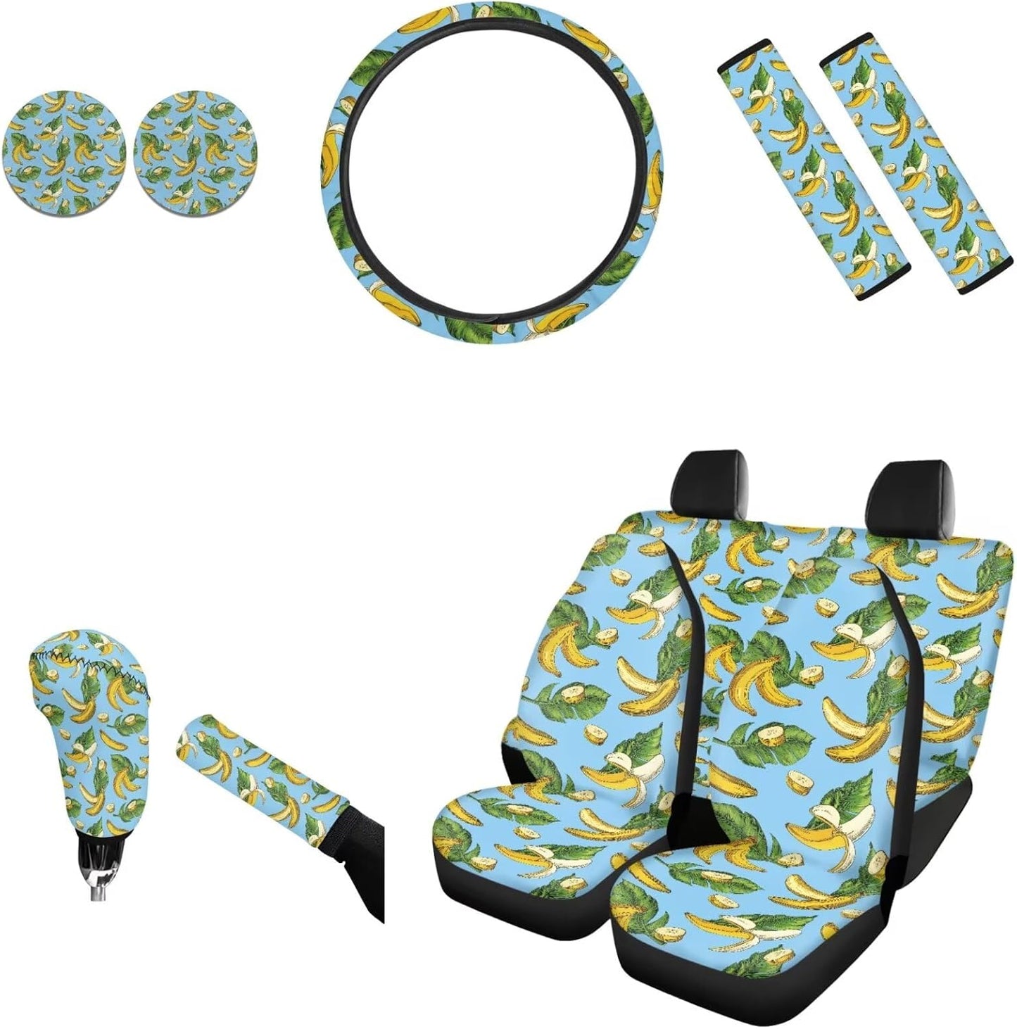 AFPANQZ Nebula Galaxy Car Seat Covers with Steering Wheel Cover, Seat Belt Shoulder Pads, Cup Holder Coasters, Gear Shift Knob and Handbrake Protector Cushion Full Set of 11 for Men Women Gift Navy
