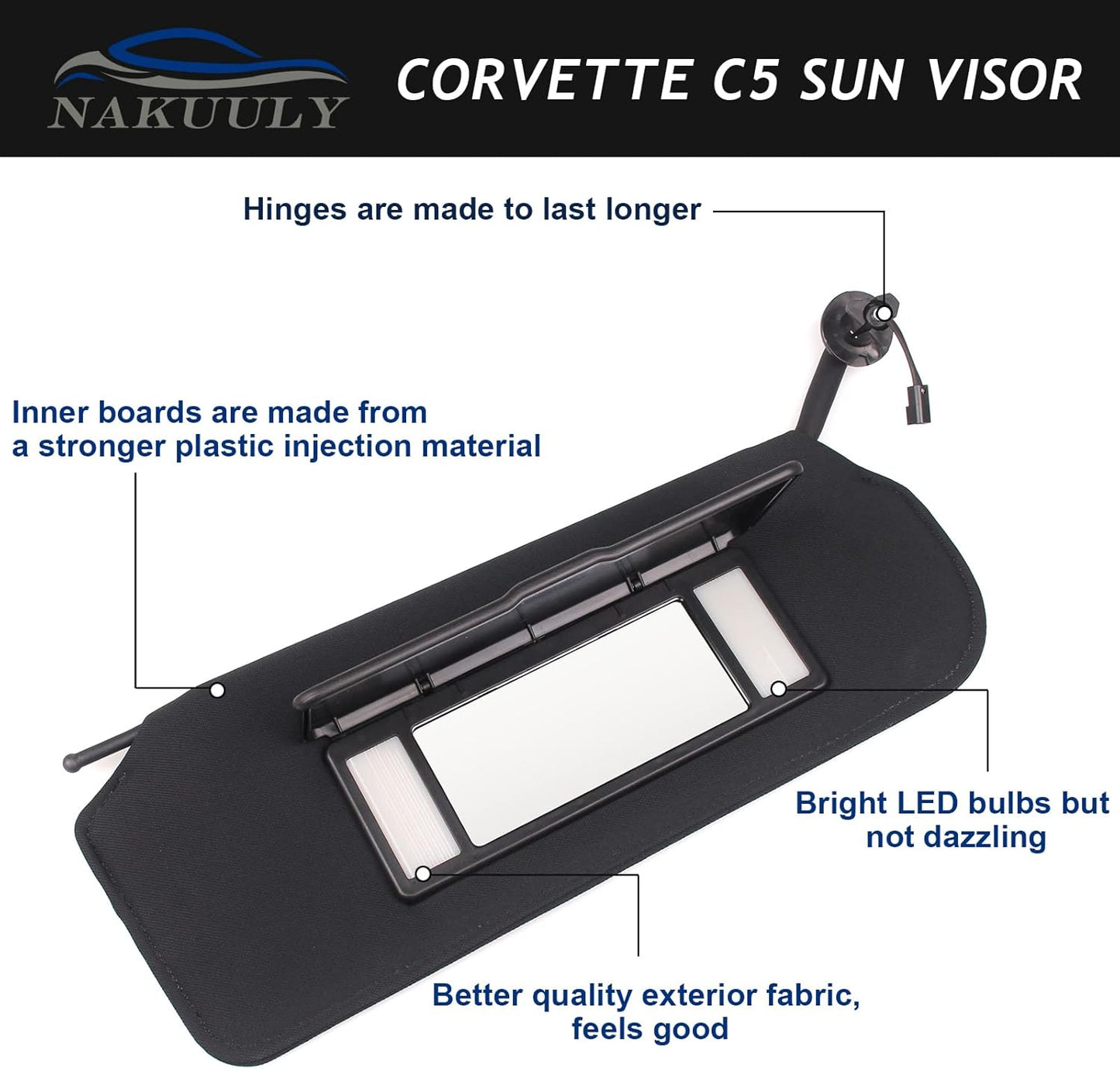 Nakuuly Sun Visor Pair with Updated LED Lighted Vanity Mirror Compatible with Corvette C5 1997-2004 Replaces 10442033 10442034 Left Driver and Right Passenger Side Black Sunvisors